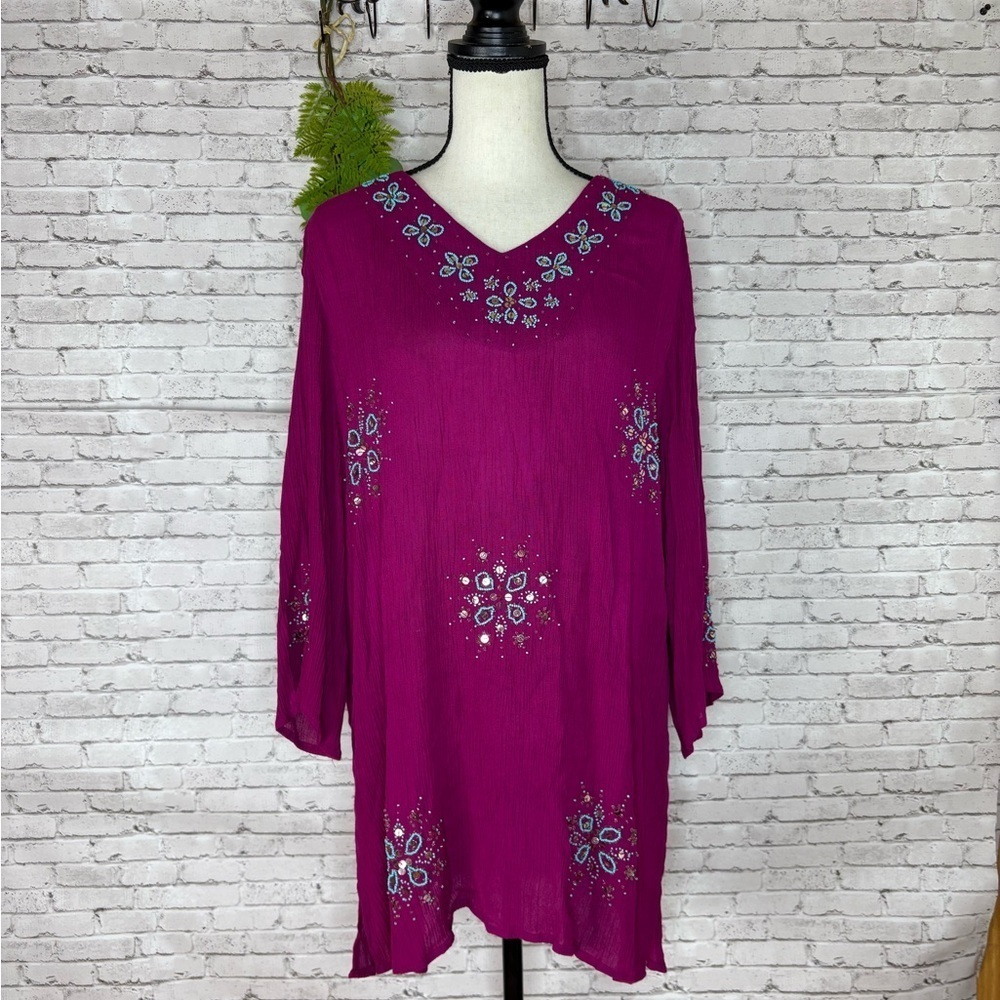 Phool Magenta Turquoise Beaded Boho Hippie Crepe Rayon Tunic
